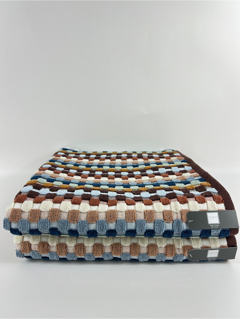 Soho Living Bath Towels Brown Blue Green Dotted Stripe 100% Cotton 2 Pc NEW